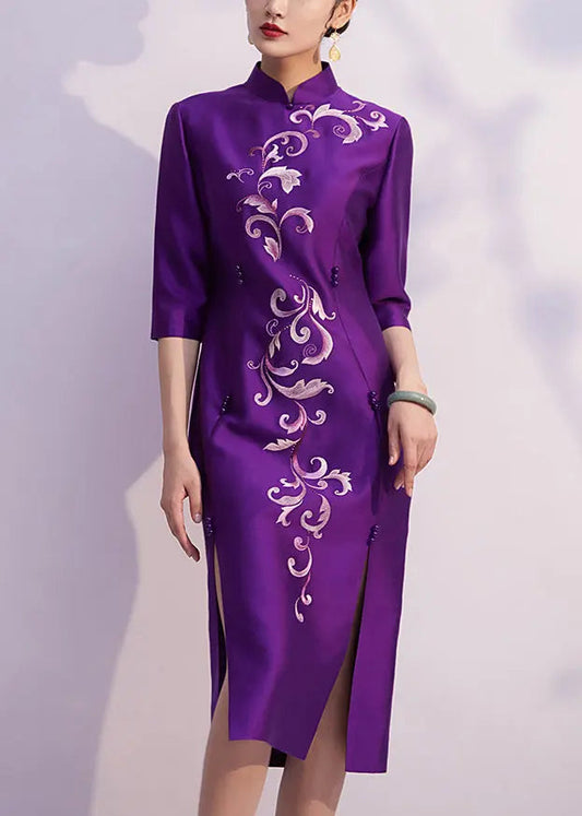 Chinese Style Purple Embroidered Side Open Silk Dresses Half Sleeve Ada Fashion