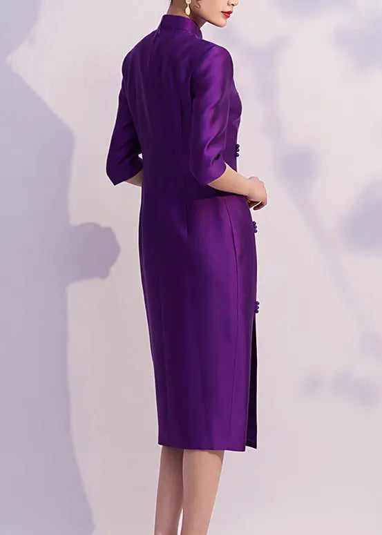 Chinese Style Purple Embroidered Side Open Silk Dresses Half Sleeve Ada Fashion