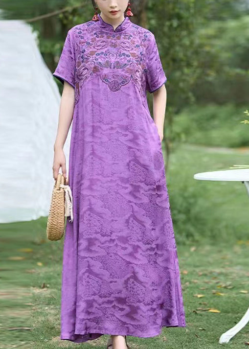 Robe d'été en soie brodée à col montant violet de style chinois WW1016