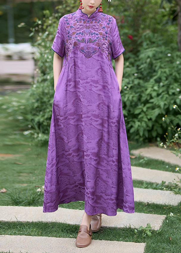 Robe d'été en soie brodée à col montant violet de style chinois WW1016