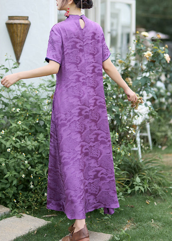 Robe d'été en soie brodée à col montant violet de style chinois WW1016