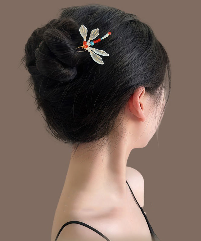 Épingle à cheveux chinoise arc-en-ciel style libellule surdorée en forme de U