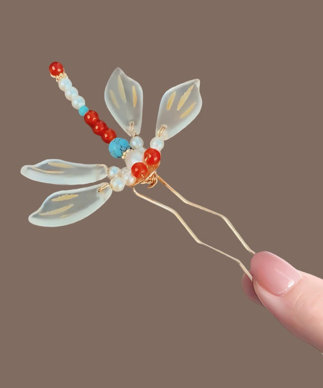 Épingle à cheveux chinoise arc-en-ciel style libellule surdorée en forme de U