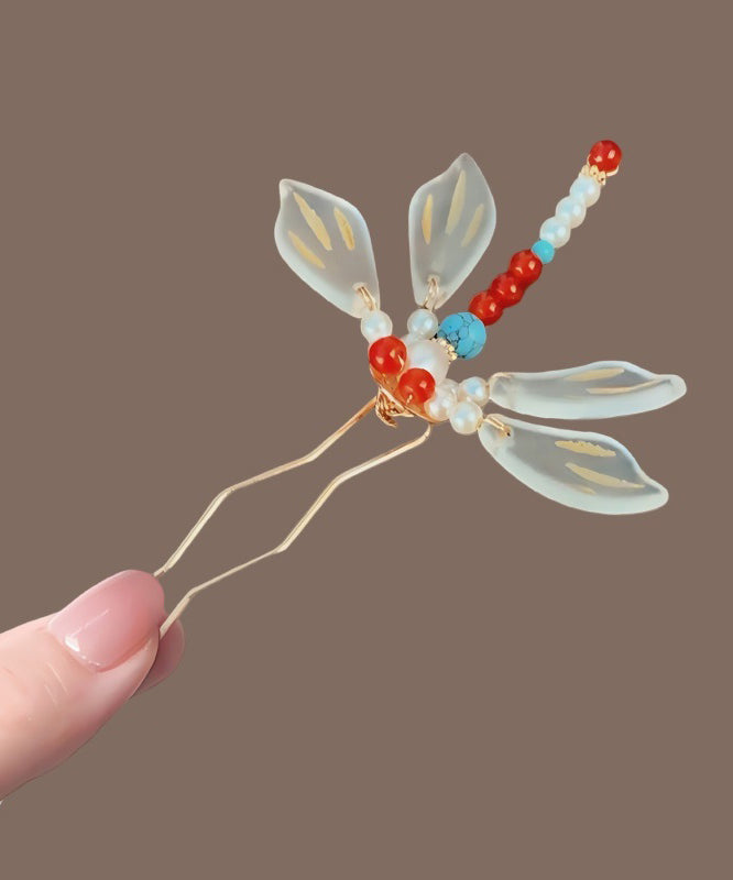 Épingle à cheveux chinoise arc-en-ciel style libellule surdorée en forme de U