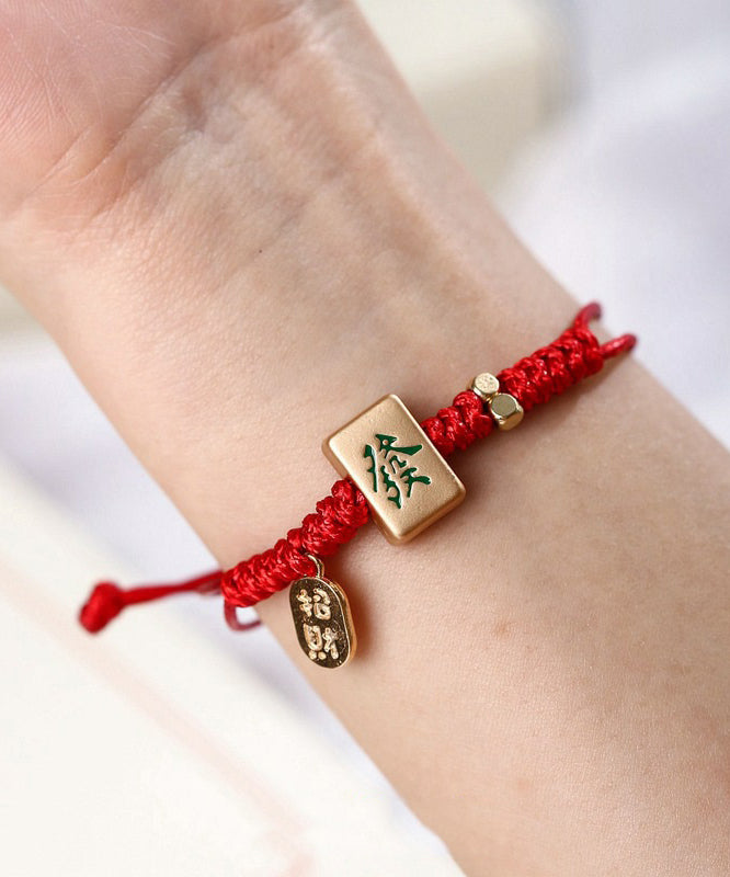 Bracelet tissé rouge Mahjong style breloque en alliage chinois
