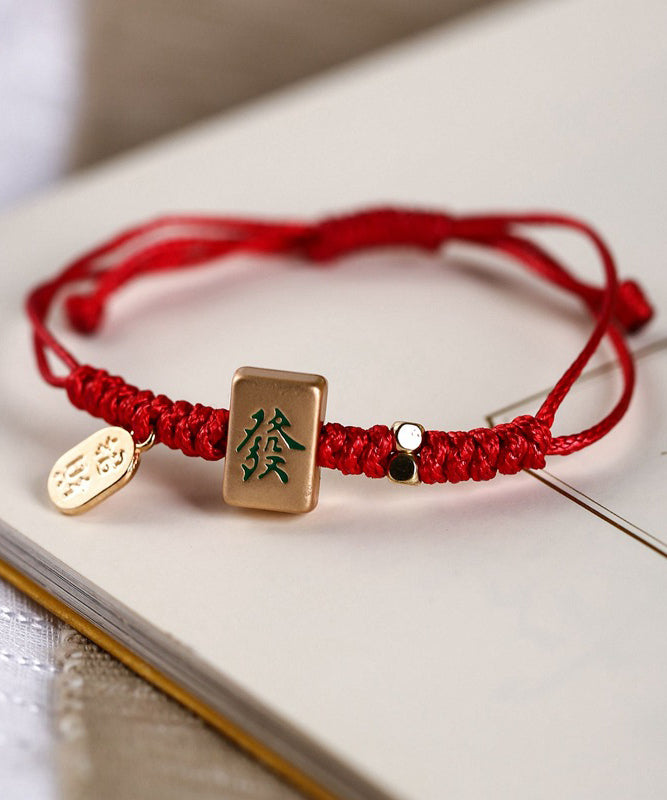 Bracelet tissé rouge Mahjong style breloque en alliage chinois