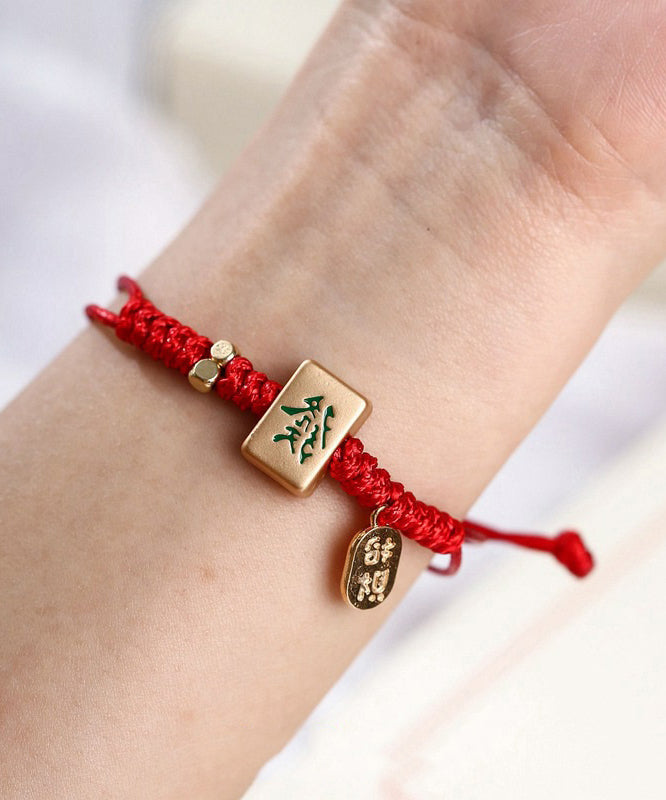 Bracelet tissé rouge Mahjong style breloque en alliage chinois