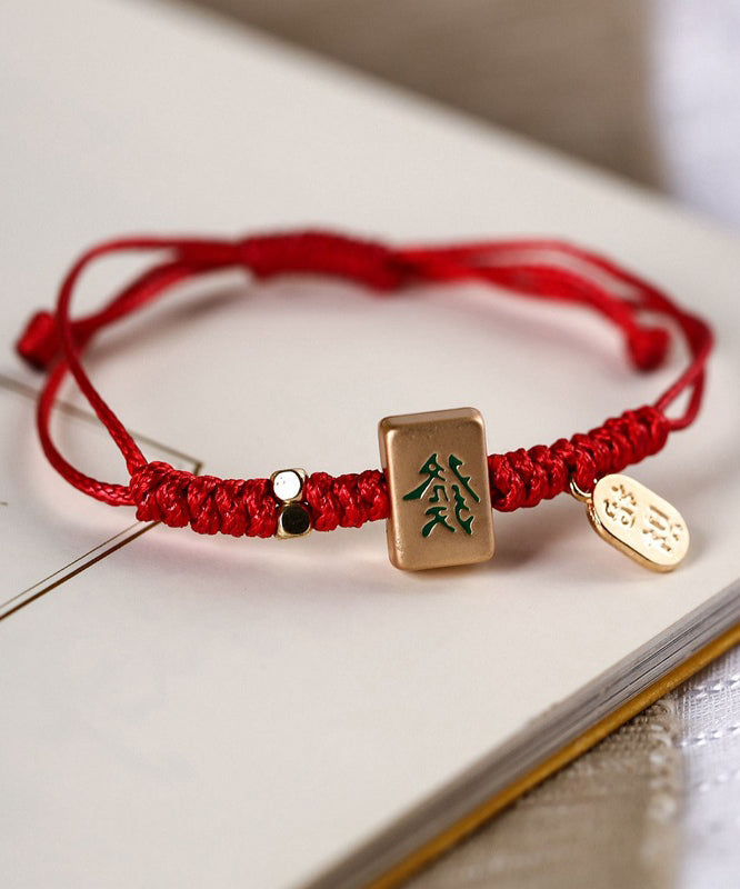 Bracelet tissé rouge Mahjong style breloque en alliage chinois