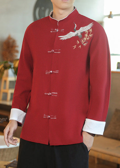 Chinese Style Red Embroideried Button Cotton Shirt Men Fall WJ039