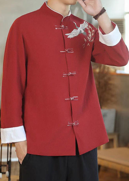 Chinese Style Red Embroideried Button Cotton Shirt Men Fall WJ039