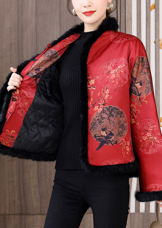 Chinese Style Red Fur Collar Print Patchwork Cotton Filled Coats Winter QO071