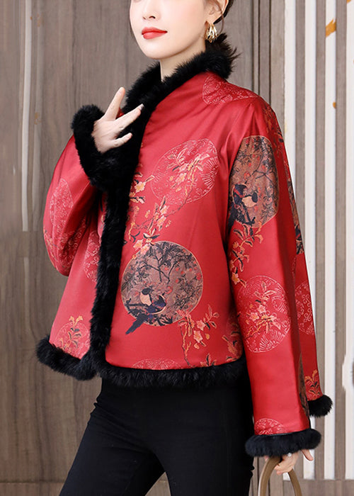 Chinese Style Red Fur Collar Print Patchwork Cotton Filled Coats Winter QO071