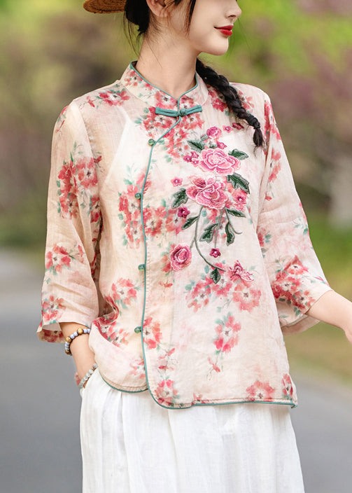 Bracelet Chinese Print Shirt Sleeve Linen Button Style Red