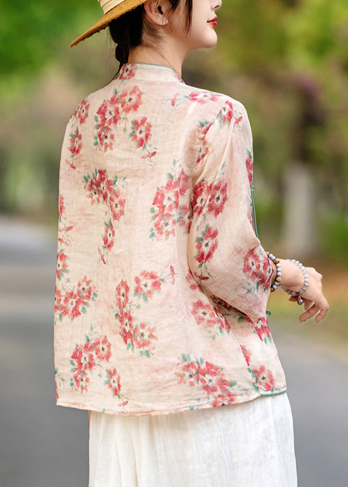 Bracelet Chinese Print Shirt Sleeve Linen Button Style Red