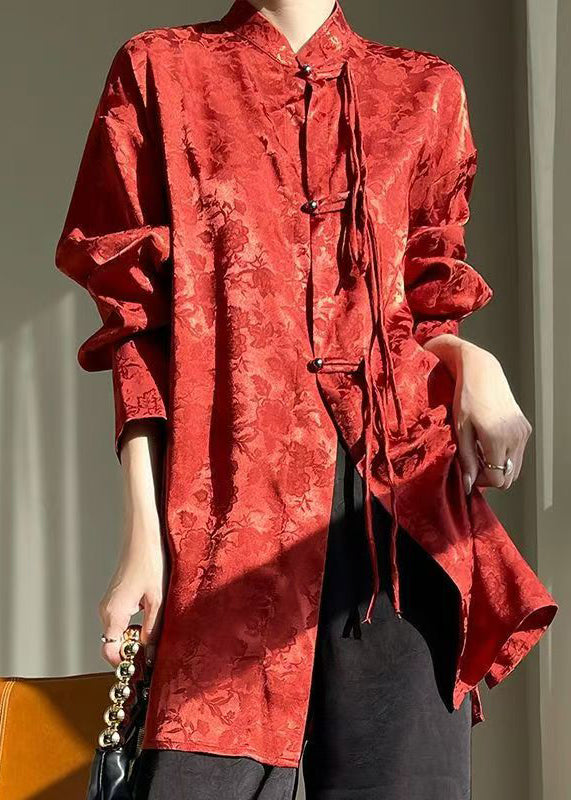 Chinese Style Red Stand Collar Button Silk Shirt Fall AB1002