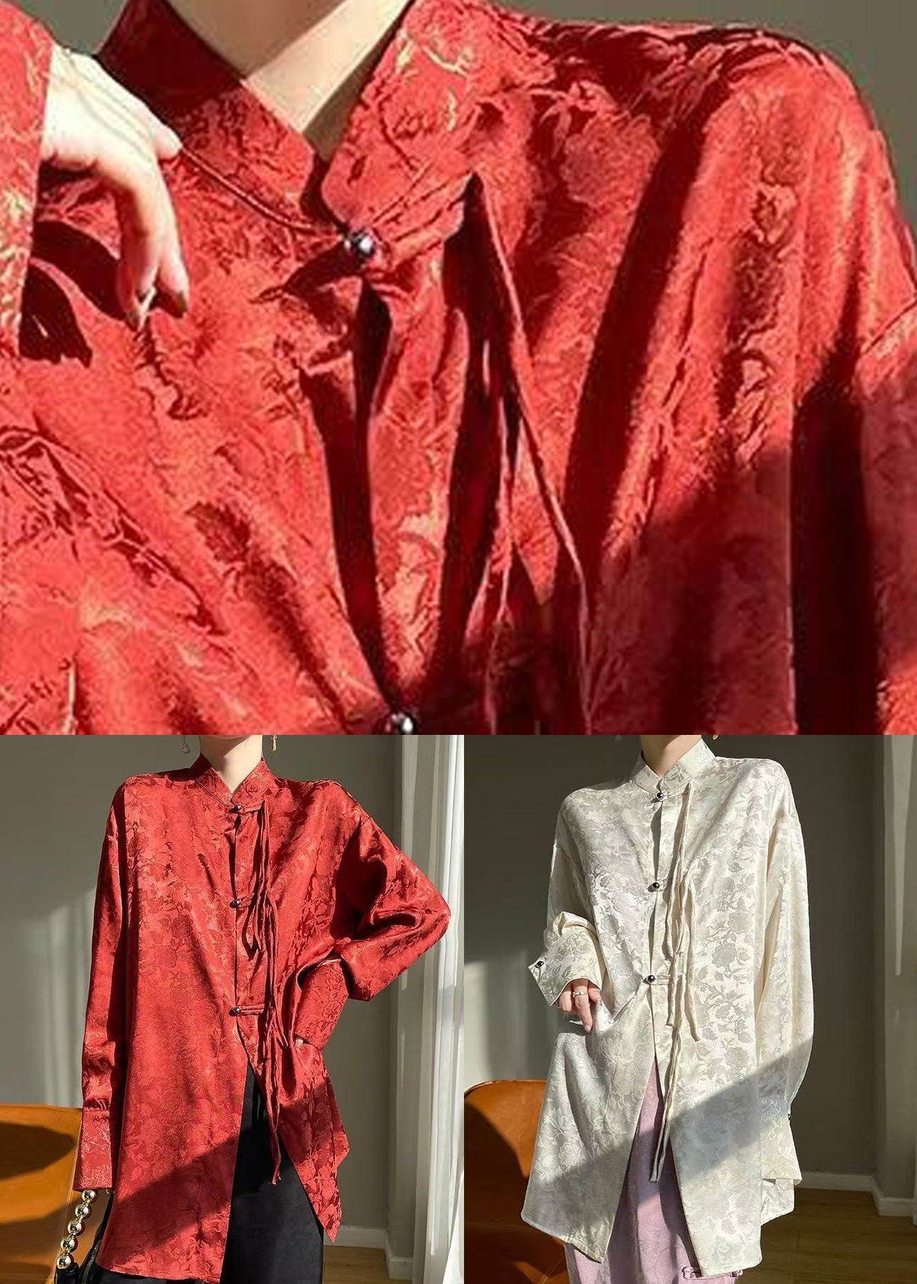 Chinese Style Red Stand Collar Button Silk Shirt Fall AB1002