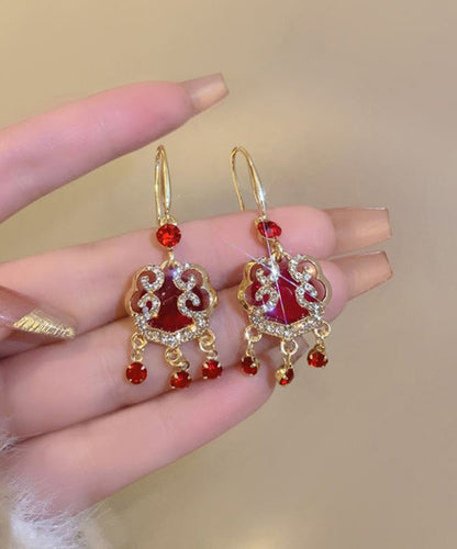 Chinese Style Red Sterling Silver Alloy Zircon Safety Lock Tassel Drop Earrings WH033