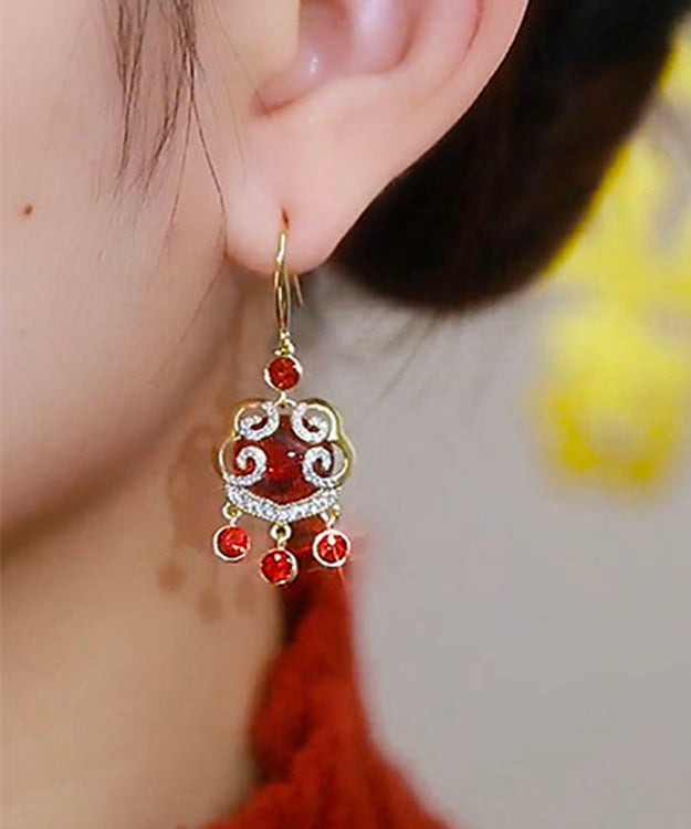 Boucles d'oreilles pendantes en argent sterling rouge de style chinois avec zircons surdorés et nuages ​​de bon augure KX1042