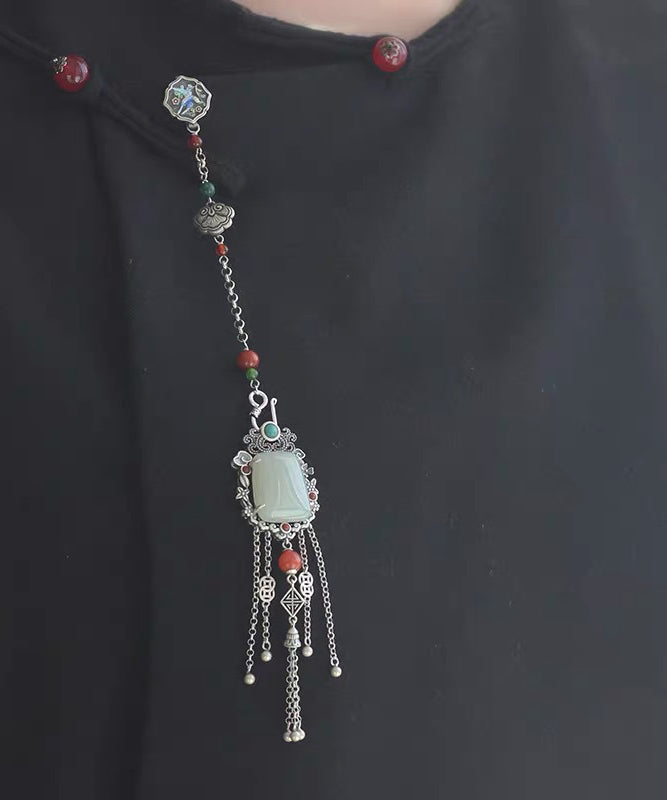 Chinese Style Silk Sterling Silver Jade Chain Tassel Brooches TX008