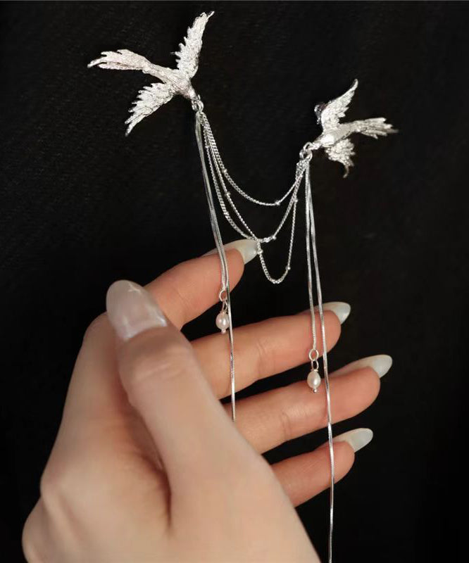 Chinese Style Silk Sterling Silver Pearl Phoenix Seeking A Mate Tassel Brooch RA021