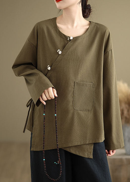 Chinese Style Tea Green O Neck Button Patchwork Cotton Tops Spring TJ012
