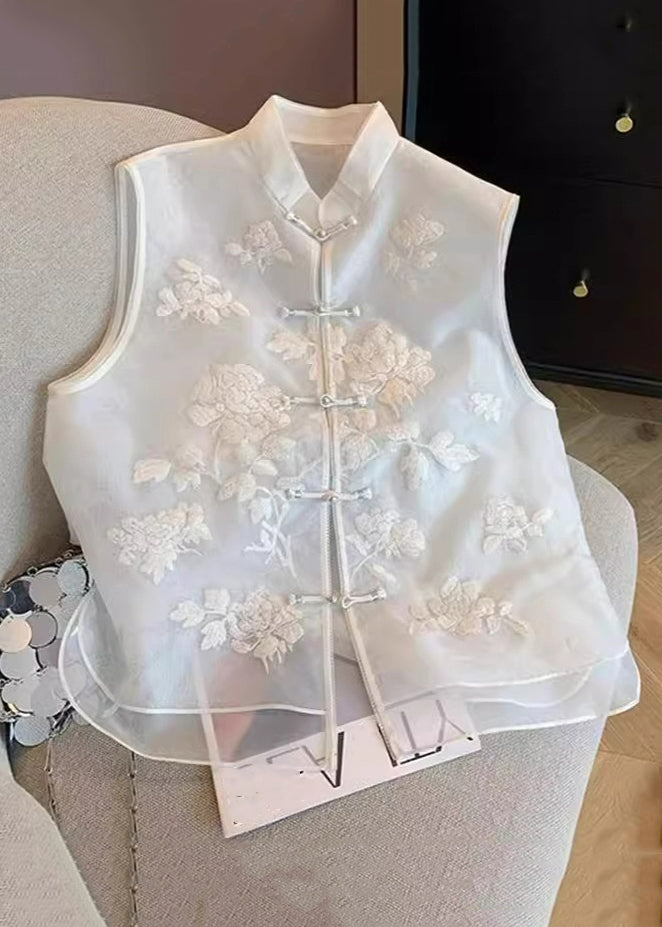 Gilet en tulle blanc brodé à boutons de style chinois sans manches JH022