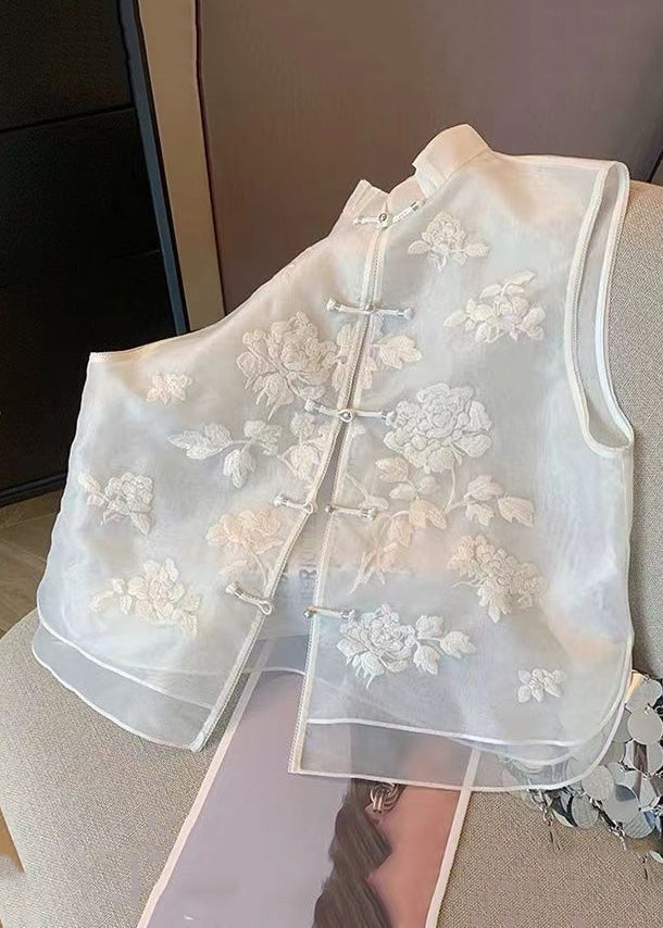 Gilet en tulle blanc brodé à boutons de style chinois sans manches JH022