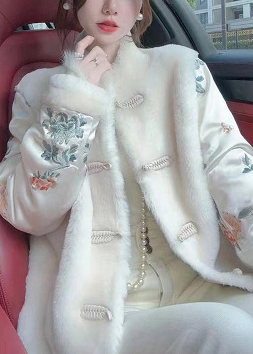 Chinese Style White Fluffy Button Patchwork Parkas Winter RC001