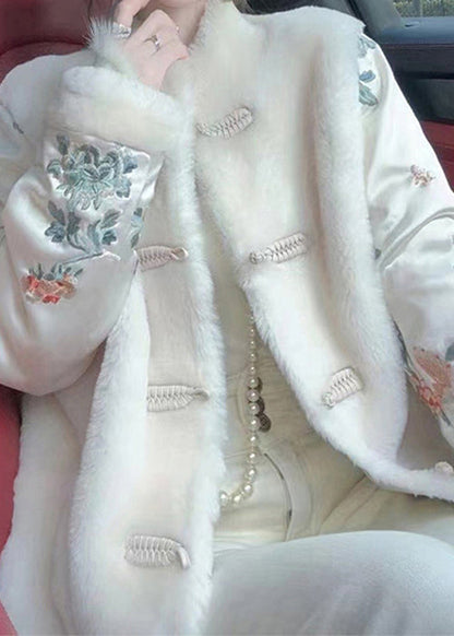 Chinese Style White Fluffy Button Patchwork Parkas Winter RC001