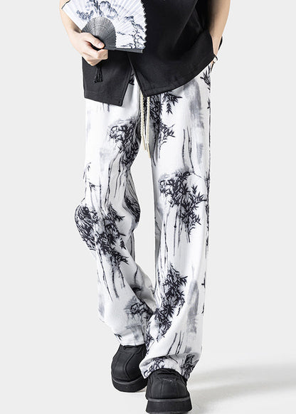 Chinese Style White Pockets Print Ice Silk Mens Pants Summer YT043