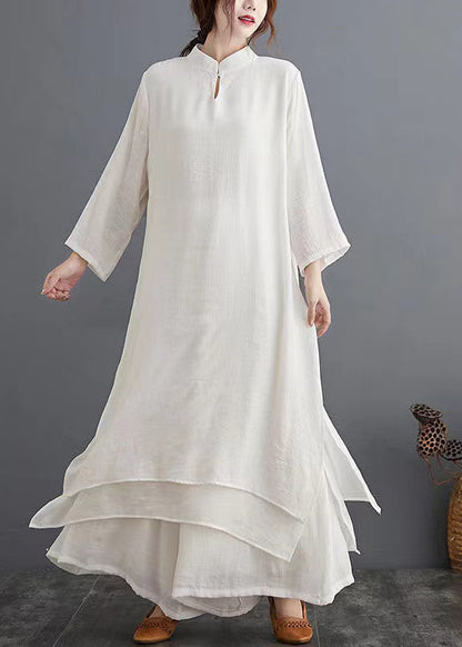 Chinese Style White Stand Collar Linen 2 Piece Outfit Spring Summer AP015