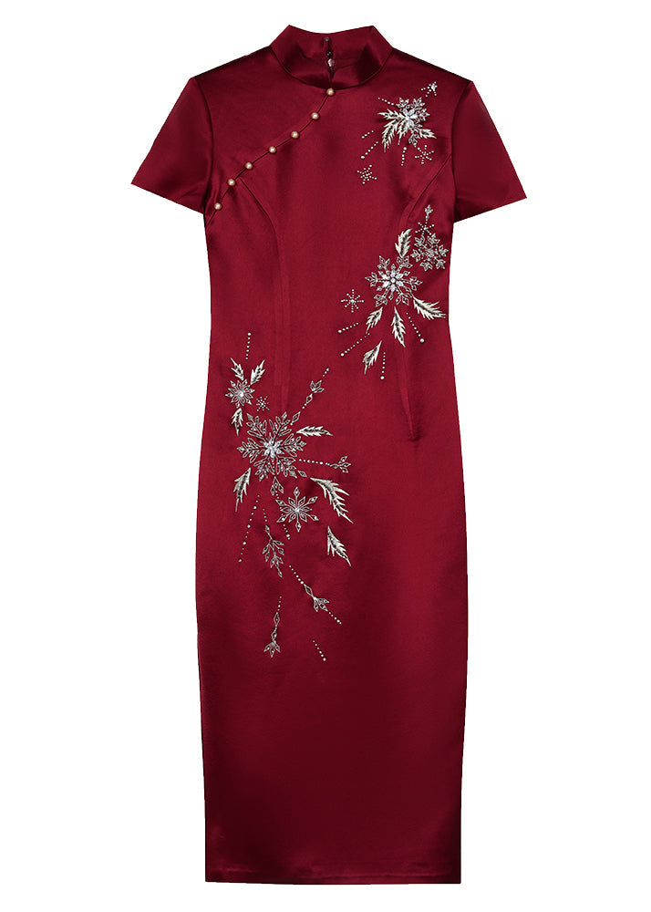 Robe d'été en soie rouge vin de style chinois avec col montant et zircon ouvert sur le côté BB018