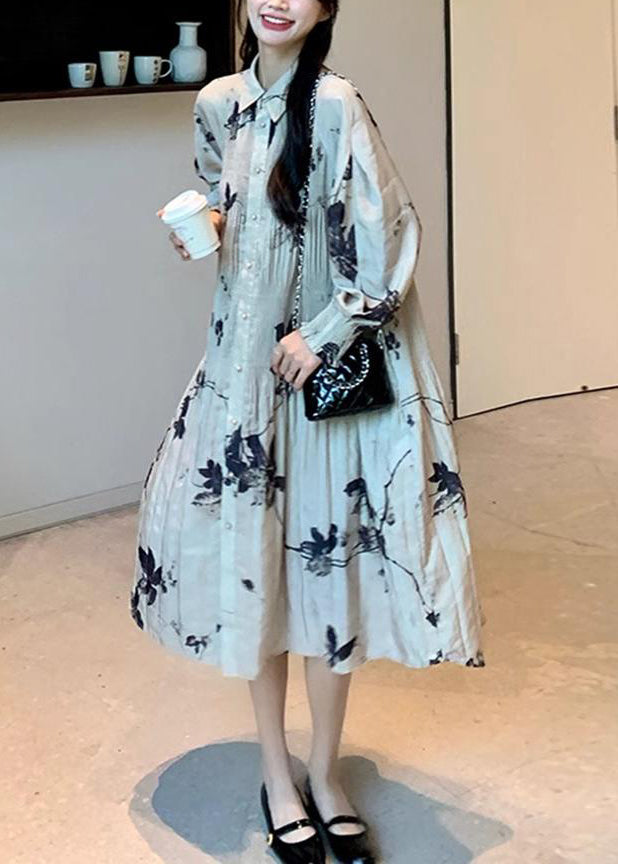 Style Chinese Button Long Dresses Wrinkled Lantern Collar Print