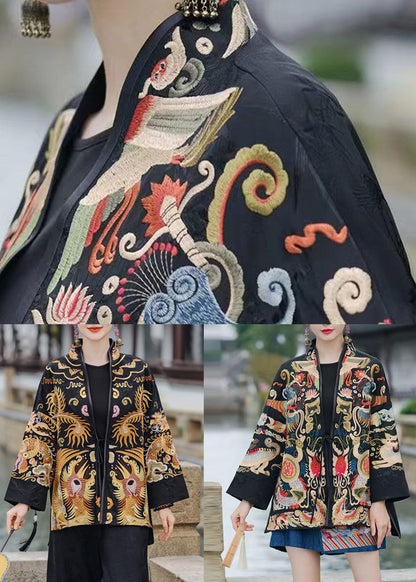 Chinese Style Yellow Embroidered Lace Up Silk Coats Spring Ada Fashion