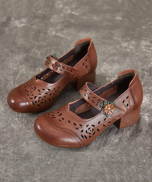 Heel Leather Hollow Chunky Out Splicing Chocolate Cowhide Boho