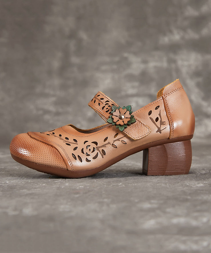 Heel Leather Hollow Chunky Out Splicing Chocolate Cowhide Boho