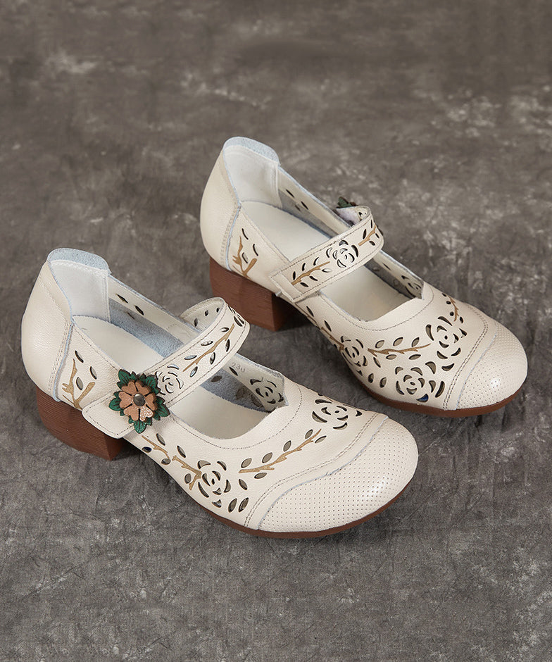 Heel Leather Hollow Chunky Out Splicing Chocolate Cowhide Boho