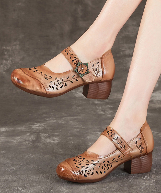 Heel Leather Hollow Chunky Out Splicing Chocolate Cowhide Boho