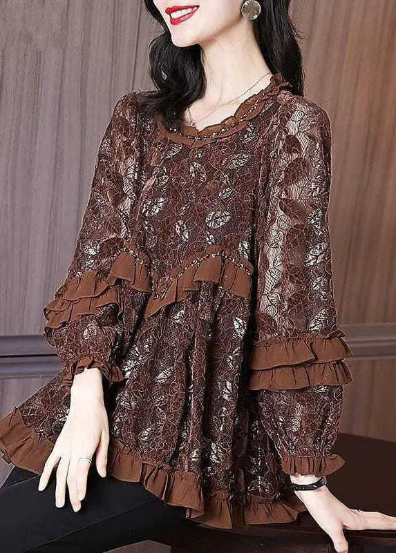 Chocolate Hollow Out Lace Blouse Tops Ruffled Spring Ada Fashion