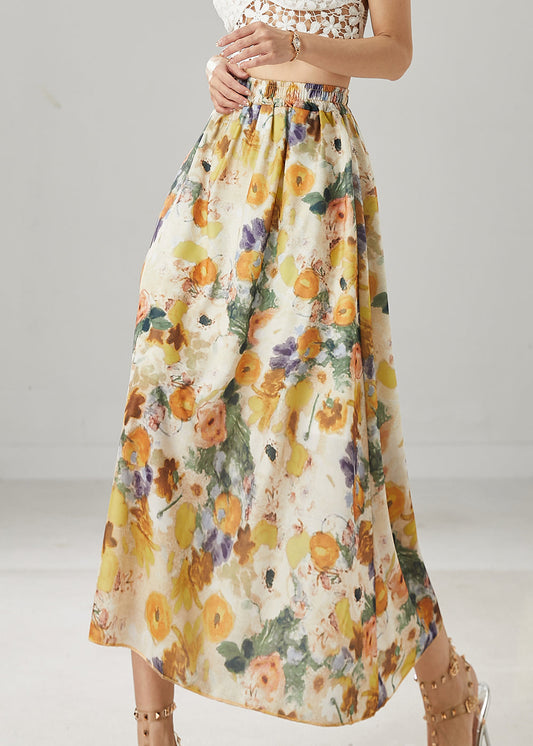 Classy Apricot Elastic Waist Print Linen Skirts Summer YU1006