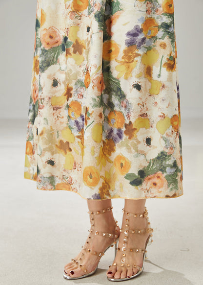 Classy Apricot Elastic Waist Print Linen Skirts Summer YU1006