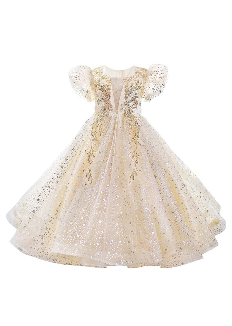 Robe longue élégante en tulle à paillettes et col en V pour filles, couleur abricot, à manches courtes, XZ004