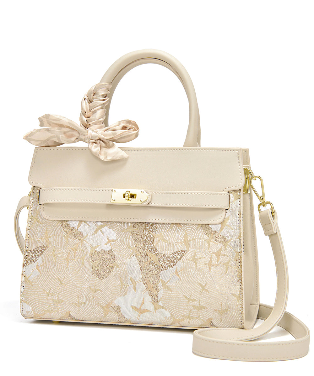 Micro Faux Classy Leather Beige Bag Embroidered