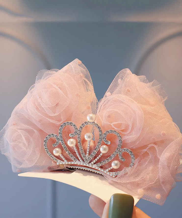 Classy Beige Metal Zircon Crown Tulle Bow Kids Hairpin YG029