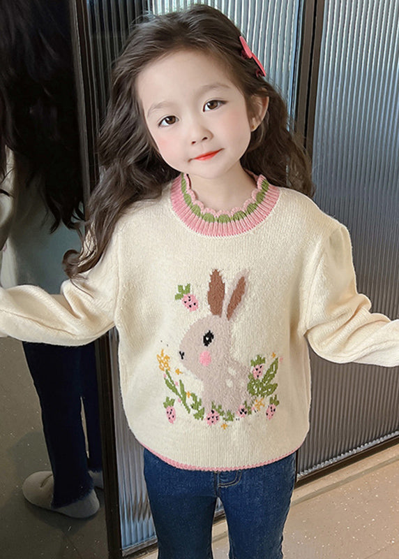 Classy Beige Print Ruffled Patchwork Cotton Knit Girls Sweaters Winter WL040