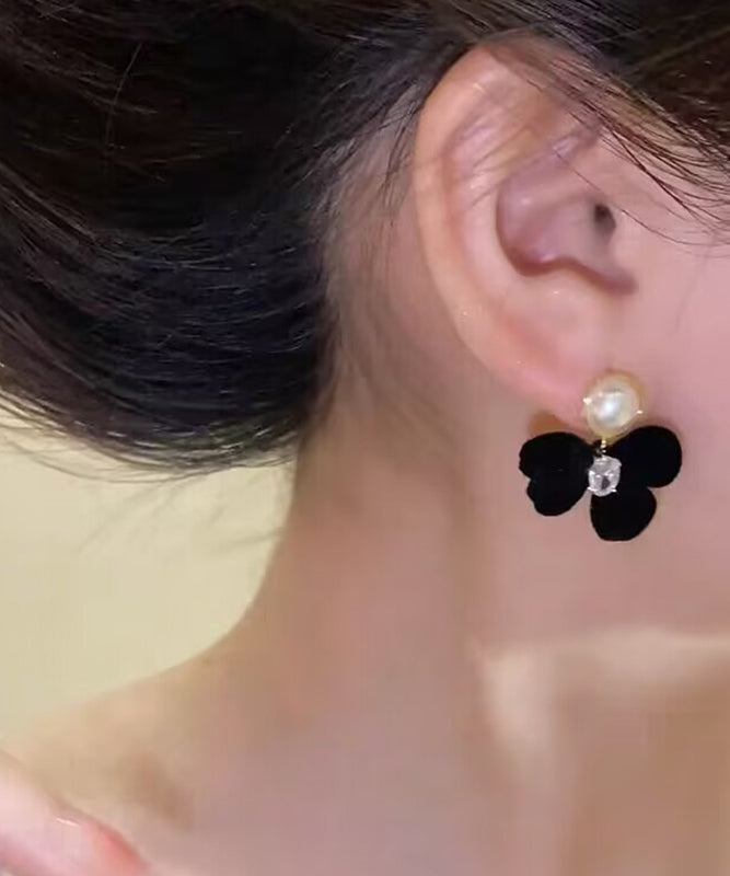 Classy Black Alloy Inlaid Crystal Pearl Bow Pile Coating Stud Earrings WH018