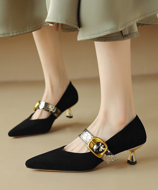 Classy Black Buckle Strap Splicing Stiletto High Heels Pointed Toe WT031