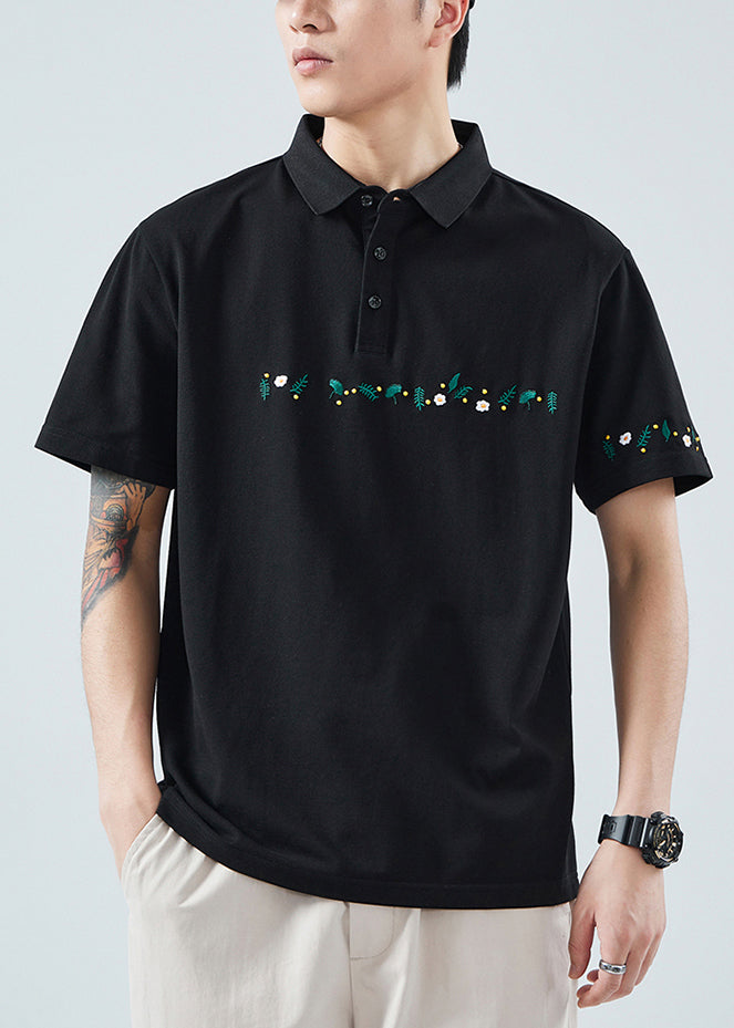 Shirt Button Polo Cotton Classy Summer Print Men Black Solid