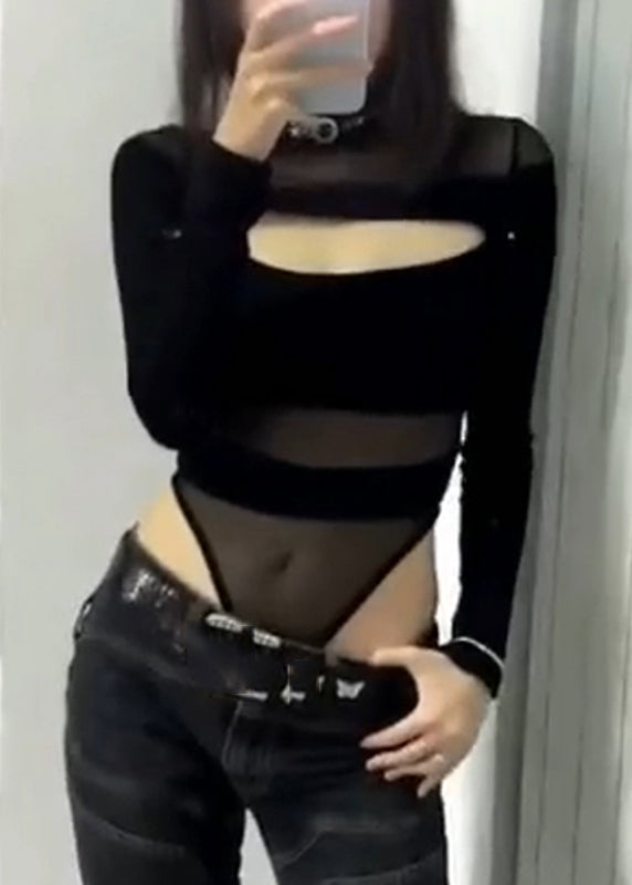 Edler Bodysuit Solid Out Tüll Hohl Schwarz