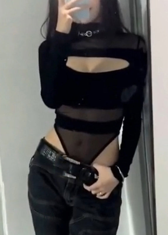 Edler Bodysuit Solid Out Tüll Hohl Schwarz